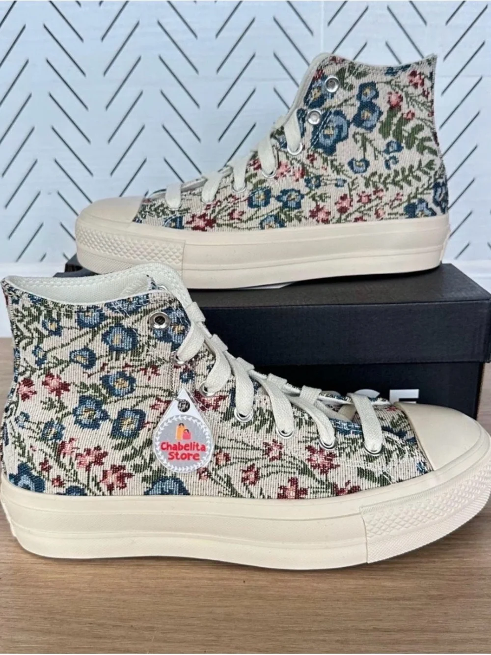 Converse Chuck Taylor High-Top Canvas Sneakers in Cream and Blue